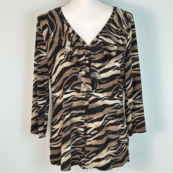 Nine West Animal Print Ruffle Front Long Sleeve Button Down Blouse - Picture 1 of 9